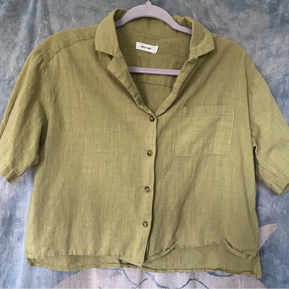Mod Ref Olive Green Linen Button-Front Short Slee… - image 1